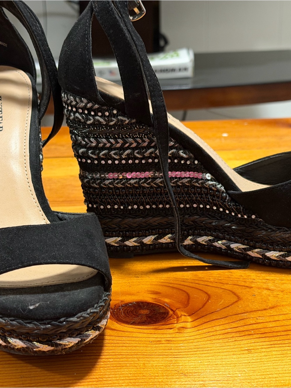 JustFab Black Embellished Wedge Sandals with Ankle Wrap